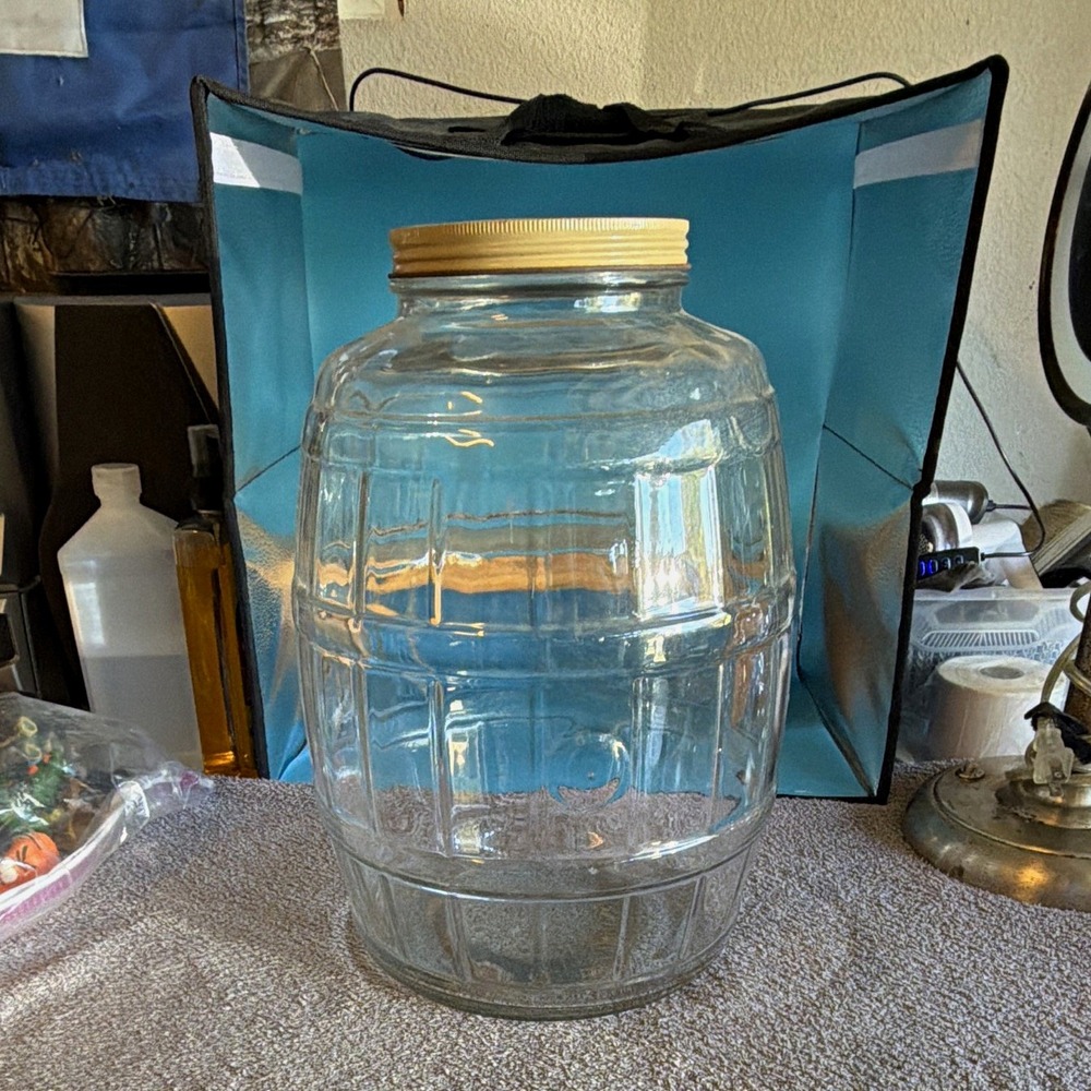 Vintage Glass pickle Barrel . From grocery store counter Metal Lid,